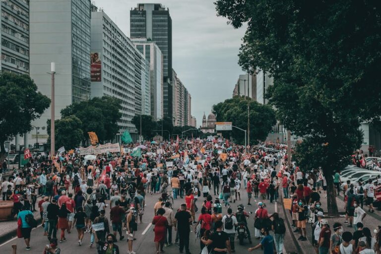 A large street protest with diverse crowd in Rio de Janeiro, Brasil.