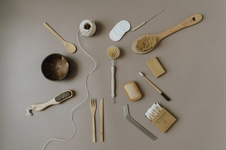Flat lay of assorted eco-friendly kitchen and bath items promoting zero waste lifestyle.